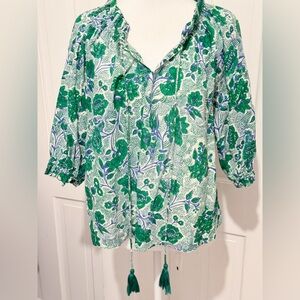 Ro’s Garden Green Blue 100% Cotton Blouse Sz Large Anthropologie Boho Vibes